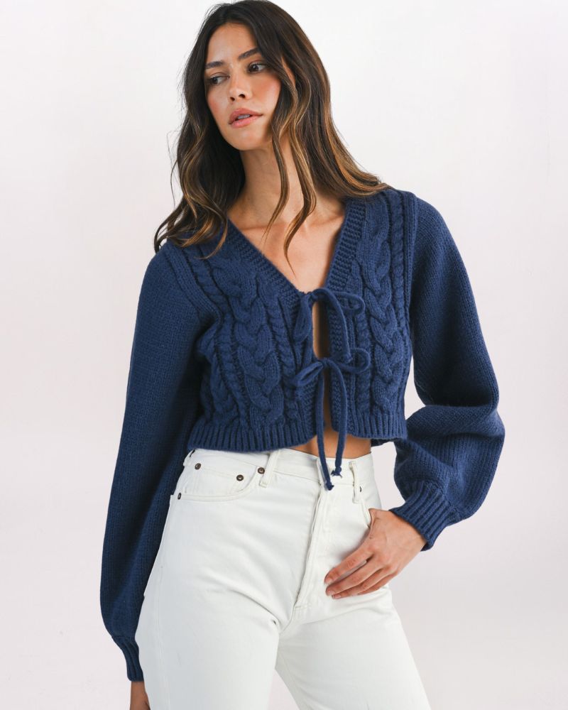 TIE DETAIL CABLE CARDIGAN - NAVY