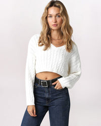 LS V-NECK CABLE CROP SWTR, IVORY