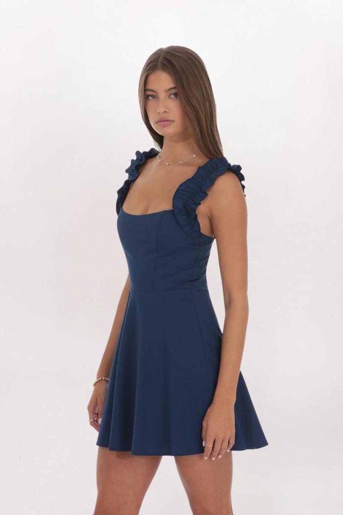 RUFFLE STRAP A-LINE DRESS