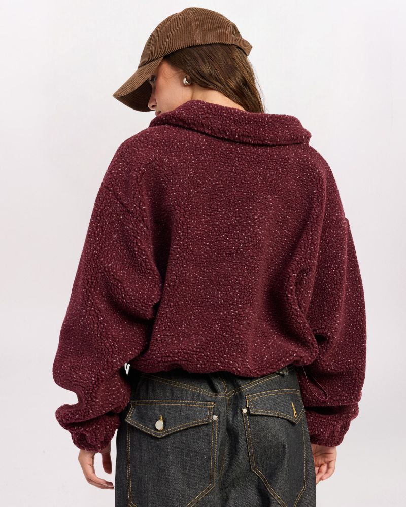 SPECKLED SHERPA COLLARED PULLOVER, BURGUNDY