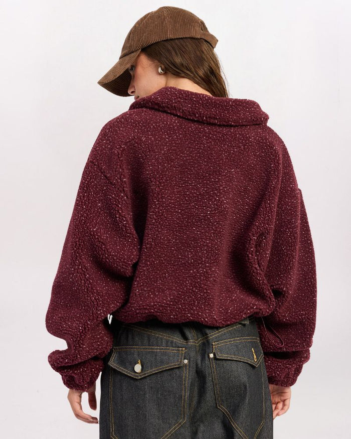 SPECKLED SHERPA COLLARED PULLOVER, BURGUNDY