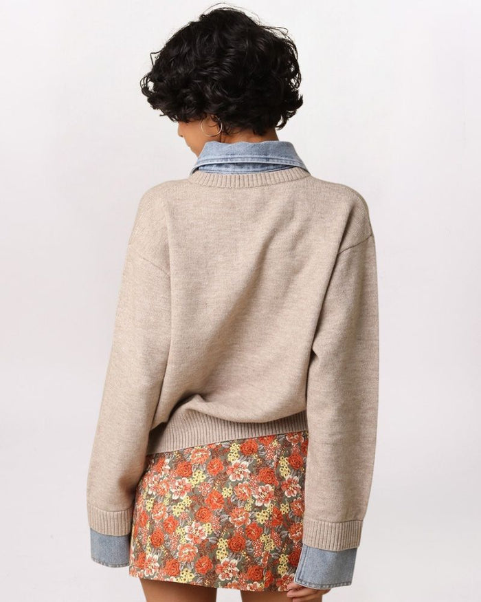 DENIM COLLAR SWEATER, KHAKI LT DNM