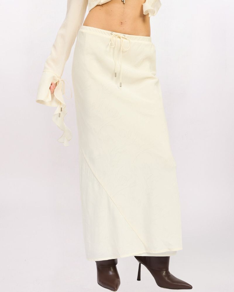 FLORAL JAQUARD SATIN MAXI SKIRT, CREAM