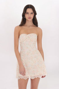 EYELET FLORAL STRAPLESS DRESS