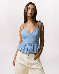 DITSY FLORAL BUBBLE HEM TOP, DENIM/WHITE