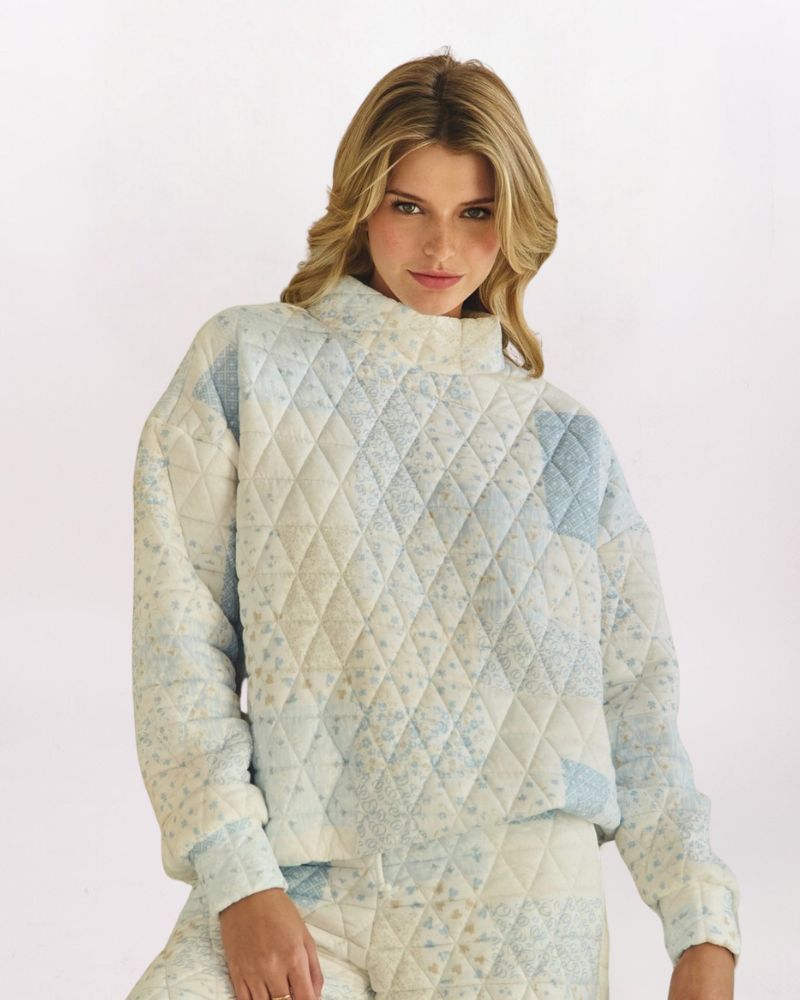QUILTED FLORAL MOCK SWEATSHIRT, BLUE COMBO
