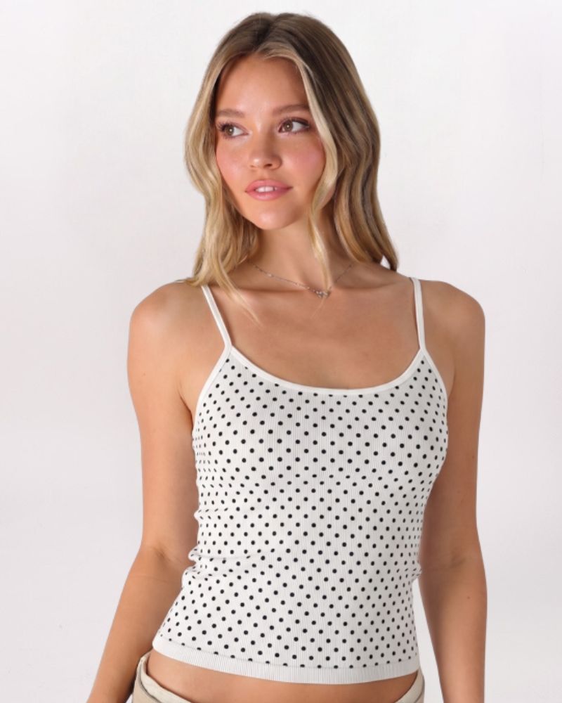 BLACK POKA DOT STRAP CAMI, WHITE