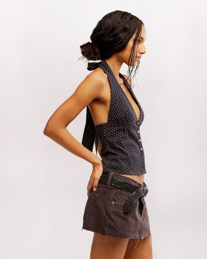 PIN DOT RAMONA HALTER TOP, BLK COMBO