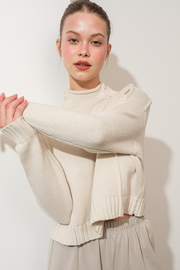 EXPOSED SEAM MOCK NECK SWEATER - OATMEAL