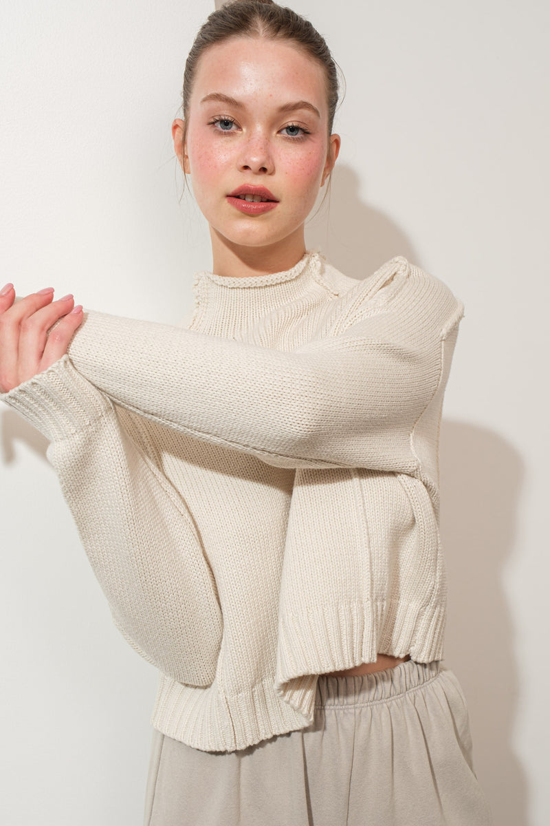 EXPOSED SEAM MOCK NECK SWEATER, OATMEAL