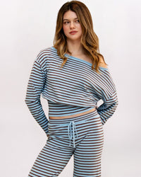 STRIPED OFF SHOULDER SWEATER, BRWN/BLUE