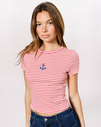BEADED ANCHOR STRIPE TEE, RED/CREAM