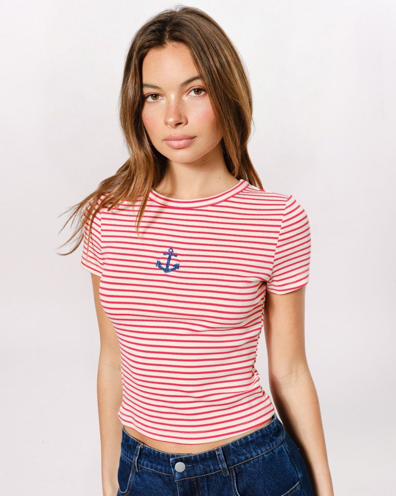 BEADED ANCHOR STRIPE TEE, RED/CREAM