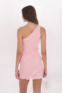 ONE SHOULDER RUFFLE RHINESTONES DRESS, PINK