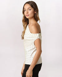 OFF SHOULDER POLKA DOT TOP, ECRU/BLK