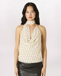 POLKA DOT SCARF HALTER TOP, ECRU