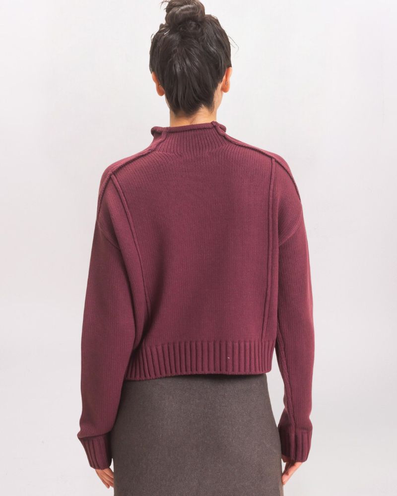 EXPOSED SEAMS MOCK NECK SWEATER, DK CHERRY