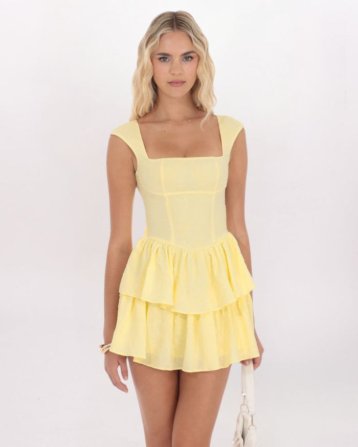 FLORAL JACQUARD WIDE STRAP RUFFLE DRESS