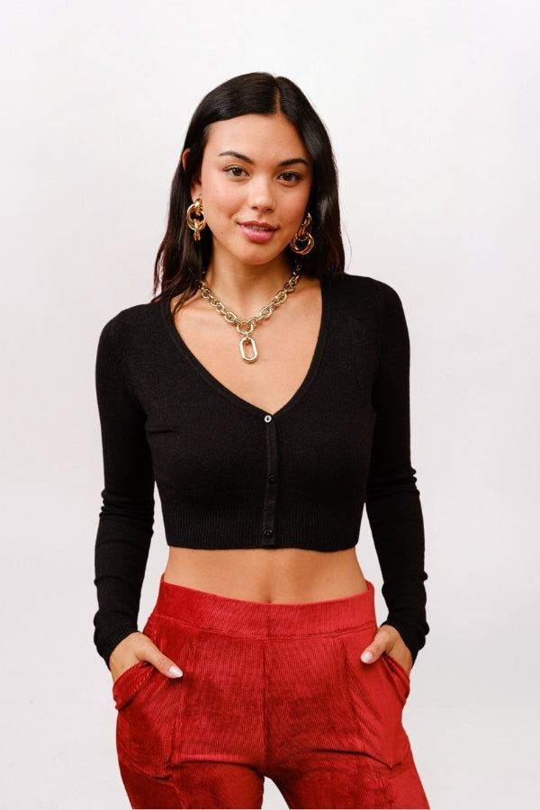 CROPPED CASHMERE BLEND CARDIGAN, BLACK