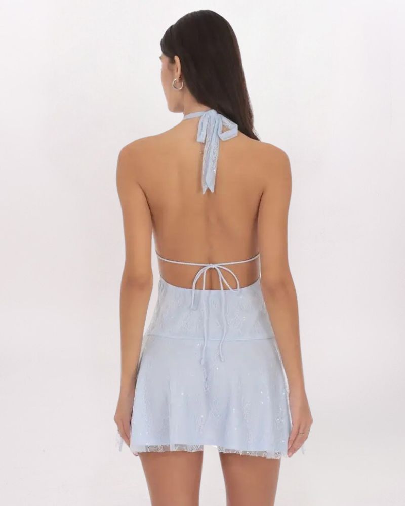 LACE SEQUIN PLUNGE NECK DRESS - LT BLUE