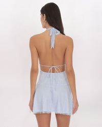 LACE SEQUIN PLUNGE NECK DRESS - LT BLUE