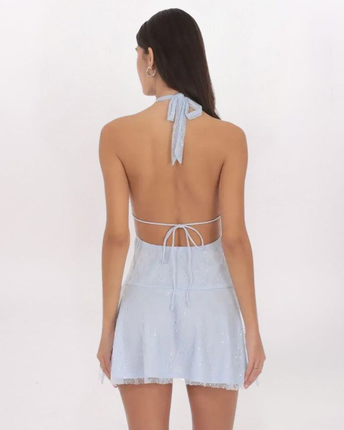 LACE SEQUIN PLUNGE NECK DRESS - LT BLUE