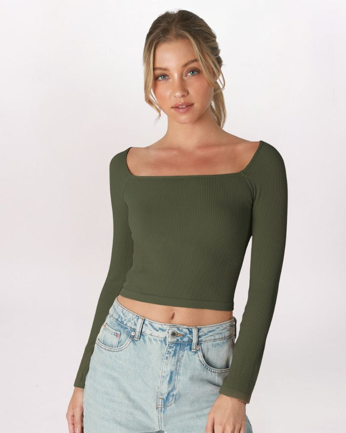LS SQUARE NECK RIBBED TOP, KOMBU GREEN