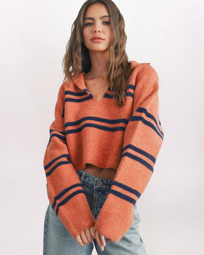 FUZZY STRIPE DETAIL JOHNNY COLLAR SWEATER, RUST/NAVY