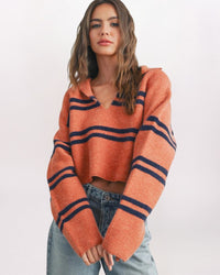 FUZZY STRIPE DETAIL JOHNNY COLLAR SWEATER, RUST/NAVY