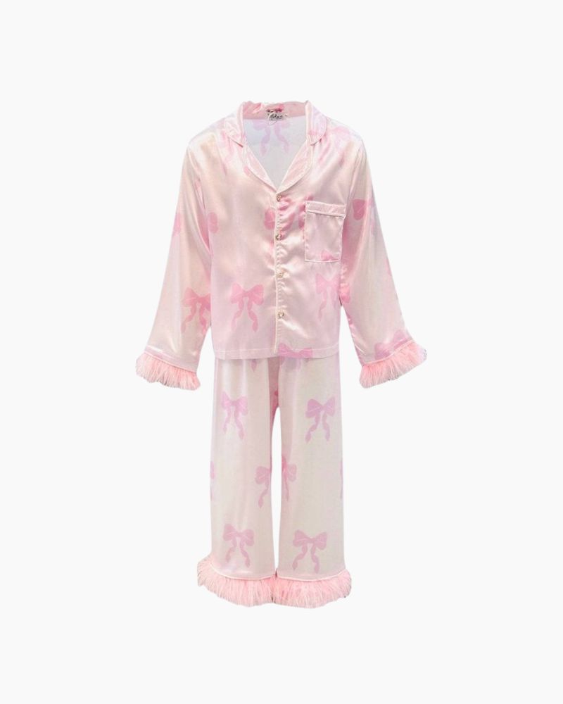LS PRETTY BOWS FTHR TRIM SILKY PJS