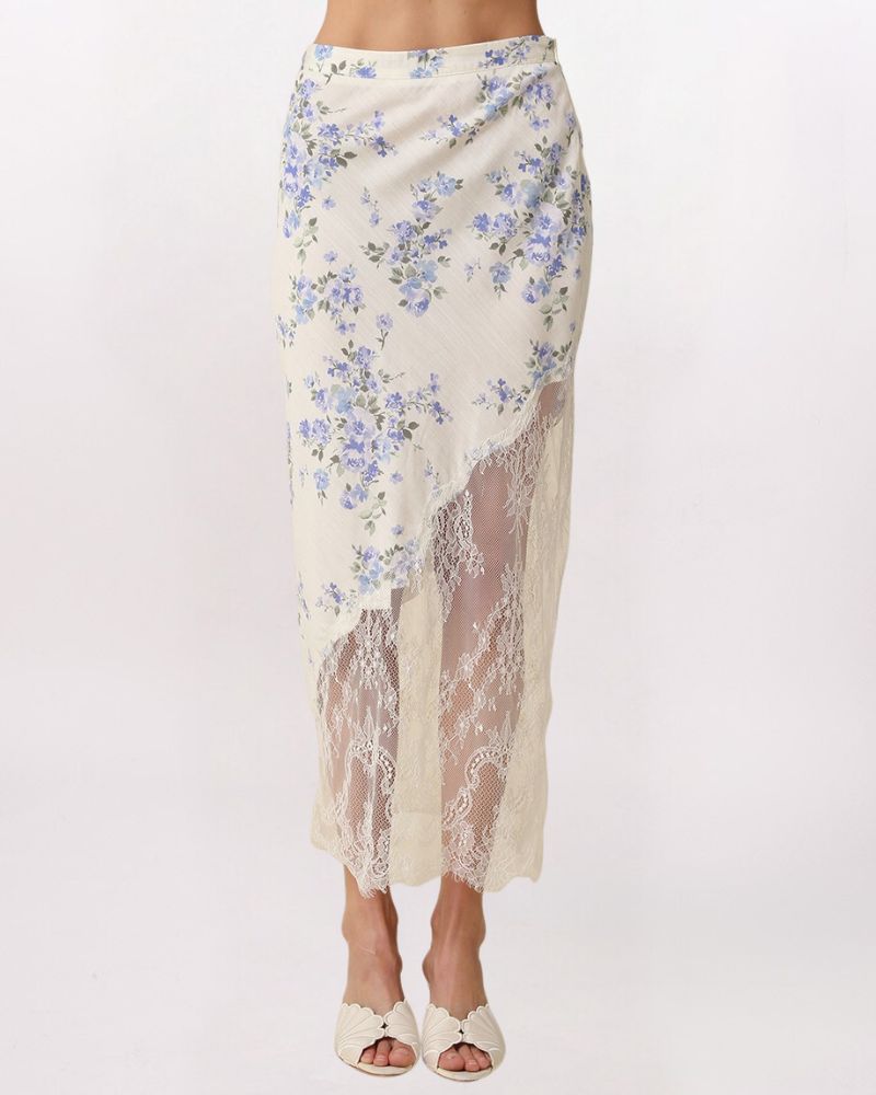 ASYMETRIC LACE HEM FLORAL MAXI SKIRT, CRM/LT BLUE