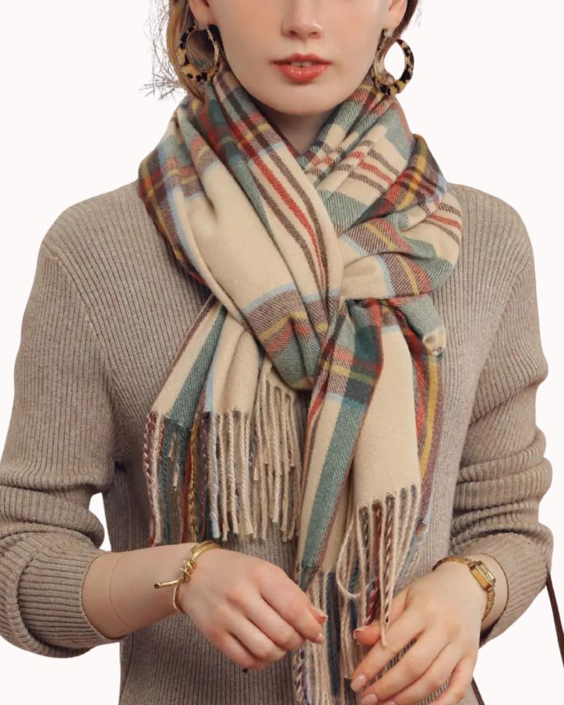 70X27" CASHMERE FEEL PLAID SCARF - BEIGE
