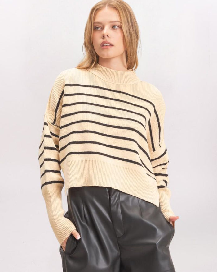 BOXY STRIPED CROP SWEATER, TAN/BLACK