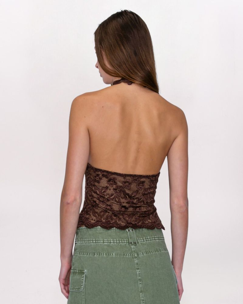 LACE SCALLOP HALTER TOP, CHOCOLATE
