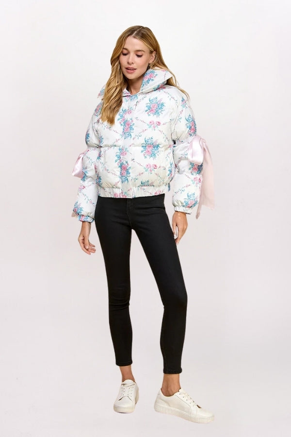 FLORAL RIBBON PUFFER COAT