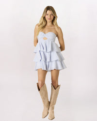 STRIPED TIERED MINI DRESS, NAVY