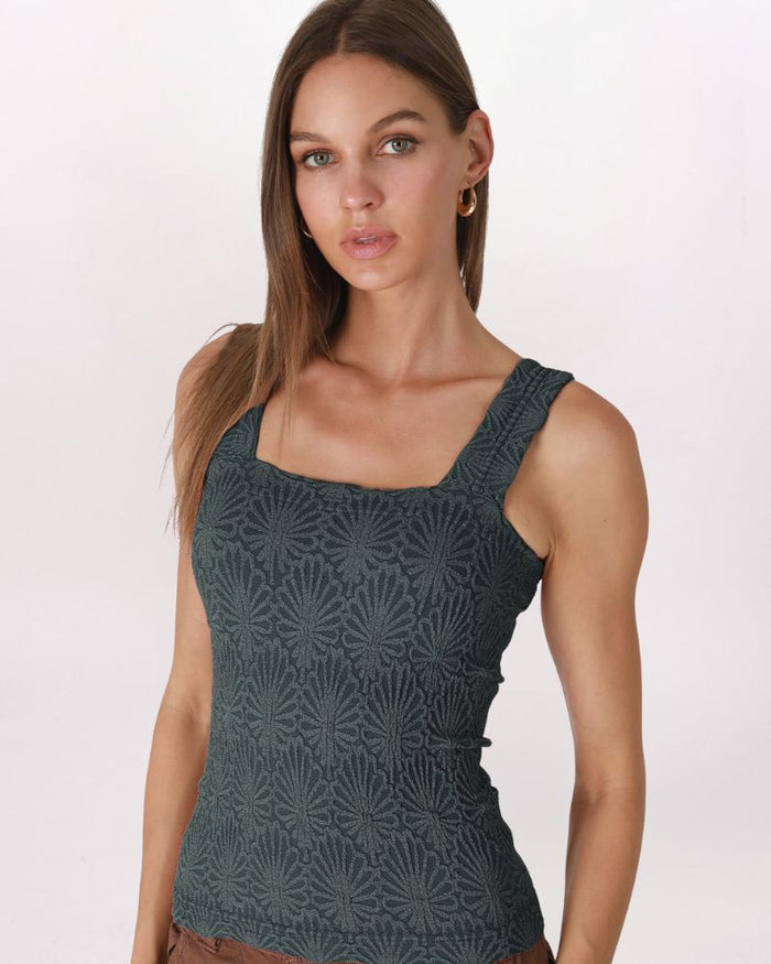 LACE TEXTURED SQUARE NECK TANK, FOREST NIGHT