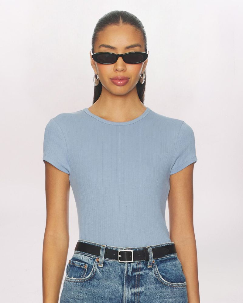 WAIT A MINUTE BABY TEE, SOFT CHAMBRAY